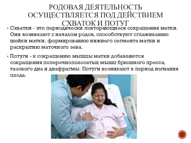 РОДОВАЯ ДЕЯТЕЛЬНОСТЬ ОСУЩЕСТВЛЯЕТСЯ ПОД ДЕЙСТВИЕМ СХВАТОК И ПОТУГ Схватки - это периодически