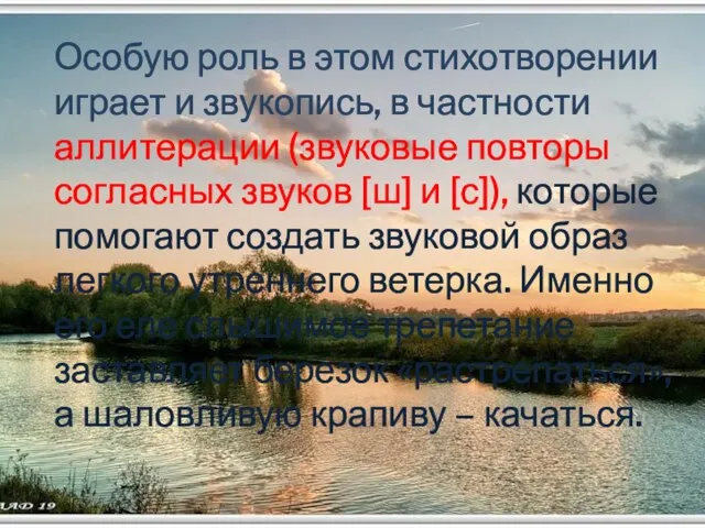 Особую роль в этом стихотворении играет и звукопись, в частности аллитерации (звуковые