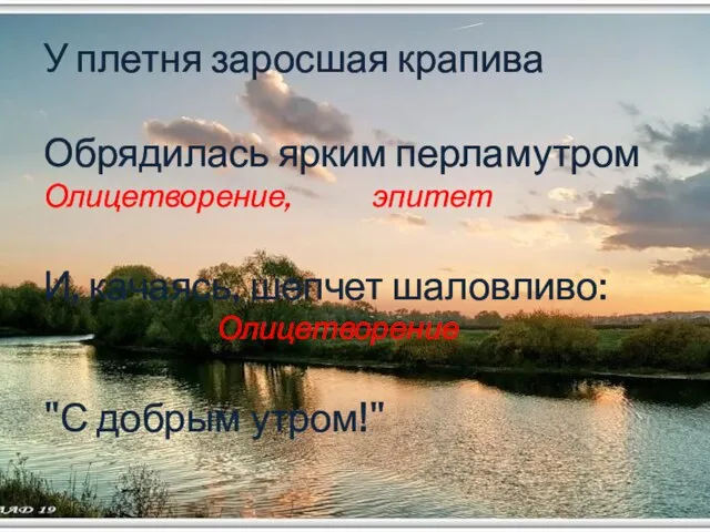 У плетня заросшая крапива Обрядилась ярким перламутром Олицетворение, эпитет И, качаясь, шепчет