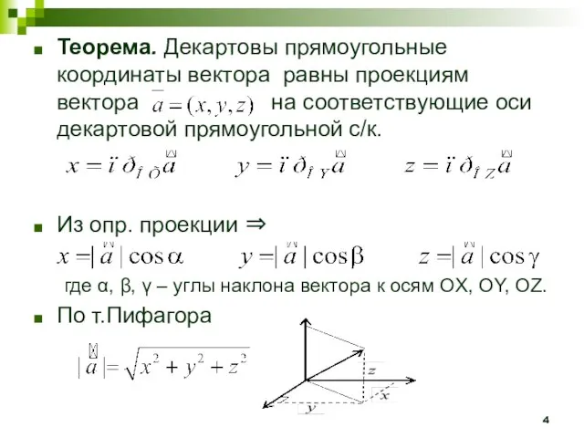 Теорема. Декартовы прямоугольные координаты вектора равны проекциям вектора на соответствующие оси декартовой