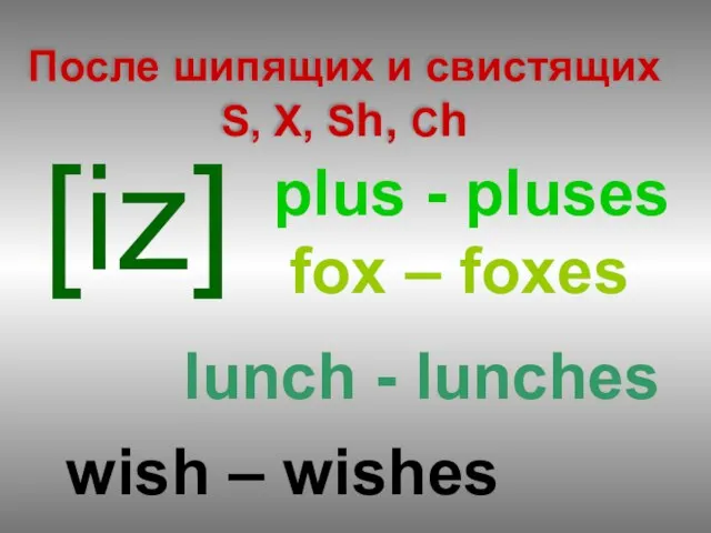 После шипящих и свистящих S, X, Sh, Ch [iz] lunch - lunches