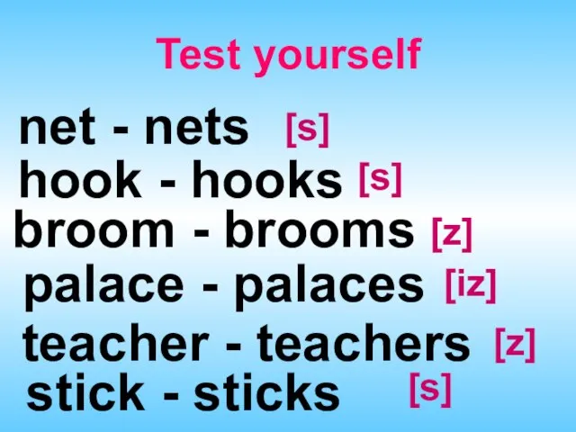Test yourself net - nets [z] hook - hooks [s] broom -