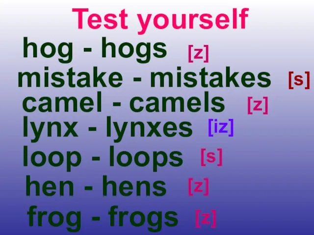 Test yourself hog - hogs mistake - mistakes camel - camels lynx