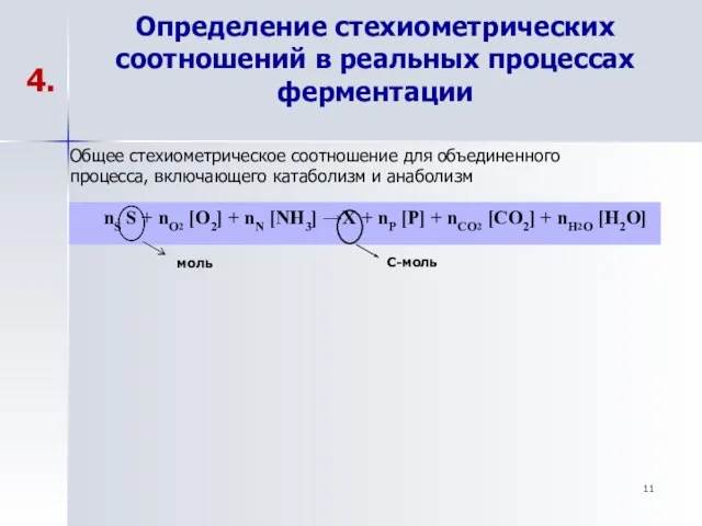 Определение стехиометрических соотношений в реальных процессах ферментации 4. Общее стехиометрическое соотношение для