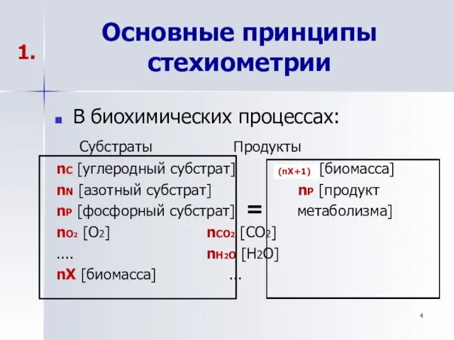 Основные принципы стехиометрии В биохимических процессах: Субстраты Продукты nС [углеродный субстрат] nX