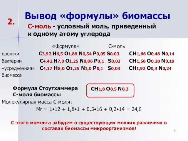 Вывод «формулы» биомассы «Формула» С-моль дрожжи С3,92 Н6,5 O1,88 N0,54 P0,05 S0,03