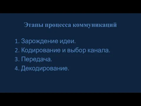 Этапы процесса коммуникаций 1. Зарождение идеи. 2. Кодирование и выбор канала. 3. Передача. 4. Декодирование.