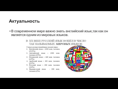 Актуальность В современном мире важно знать английский язык,так как он является одним из мировых языков.