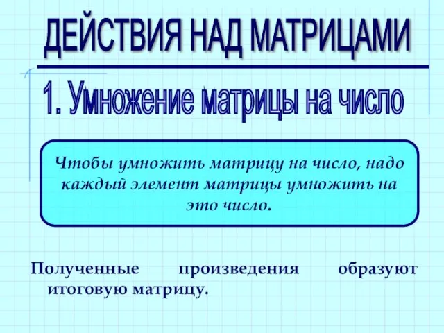 ДЕЙСТВИЯ НАД МАТРИЦАМИ 1. Умножение матрицы на число Чтобы умножить матрицу на