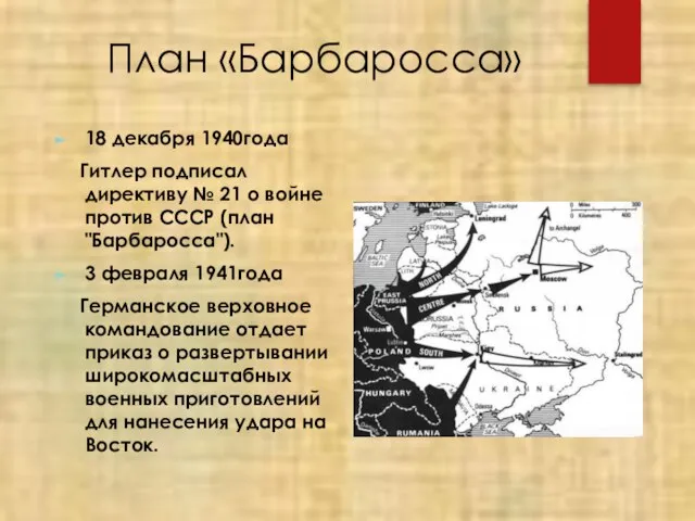 План «Барбаросса» 18 декабря 1940года Гитлер подписал директиву № 21 о войне