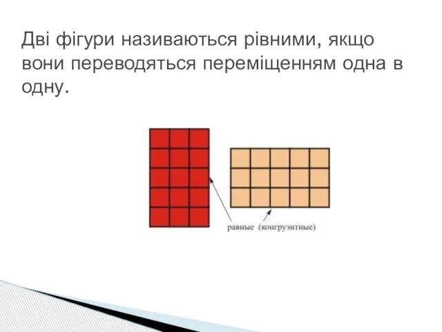 Дві фігури називаються рівними, якщо вони переводяться переміщенням одна в одну.