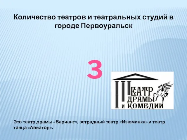 Количество театров и театральных студий в городе Первоуральск 3 Это театр драмы