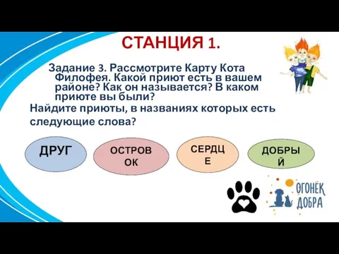 СТАНЦИЯ 1. Задание 3. Рассмотрите Карту Кота Филофея. Какой приют есть в