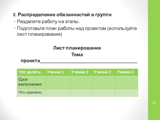 2. Распределение обязанностей в группе Разделите работу на этапы. Подготовьте план работы