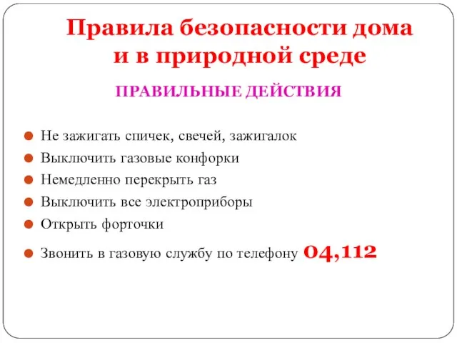 Правила безопасности дома и в природной среде ПРАВИЛЬНЫЕ ДЕЙСТВИЯ Не зажигать спичек,