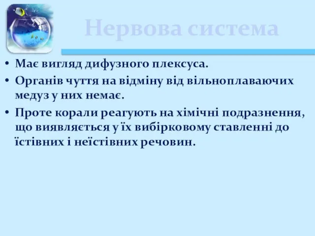 Нервова система Має вигляд дифузного плексуса. Органів чуття на відміну від вільноплаваючих