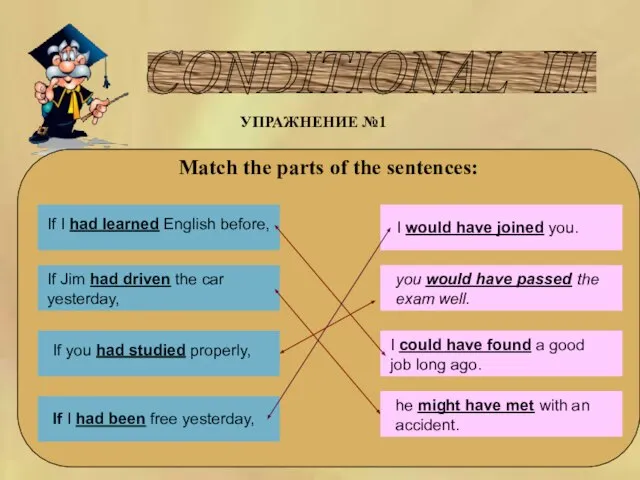 CONDITIONAL III УПРАЖНЕНИЕ №1 Match the parts of the sentences: If I