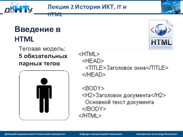 Лекция 2 История ИКТ, IT и HTML Теговая модель: 5 обязательных парных тегов Введение в HTML