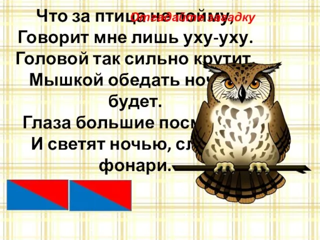 Что за птица не пойму, Говорит мне лишь уху-уху. Головой так сильно