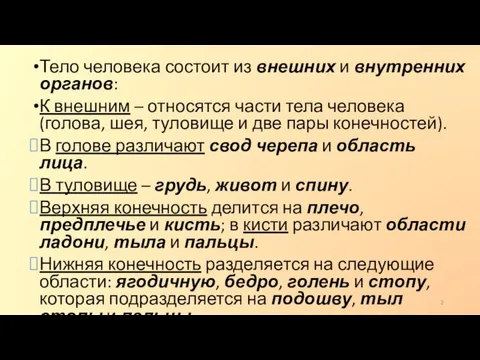 Тело человека состоит из внешних и внутренних органов: К внешним – относятся