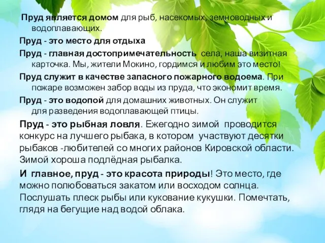 Пруд является домом для рыб, насекомых, земноводных и водоплавающих. Пруд - это