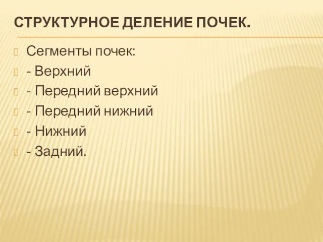 СТРУКТУРНОЕ ДЕЛЕНИЕ ПОЧЕК. Сегменты почек: - Верхний - Передний верхний - Передний