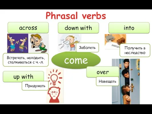 Phrasal verbs come across Встречать, находить, сталкиваться с ч.-л. down with Заболеть