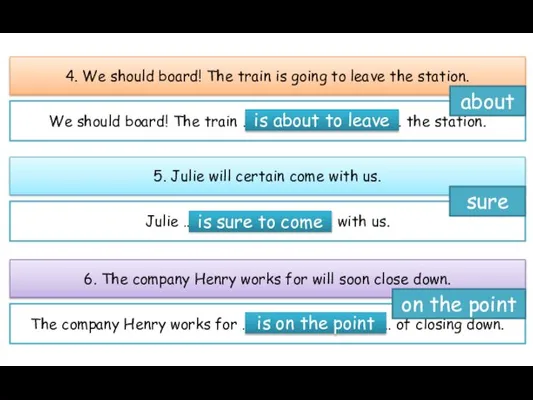 We should board! The train ………………………………………… the station. 4. We should board!