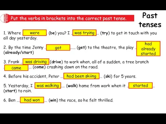 Past tenses Put the verbs in brackets into the correct past tense.