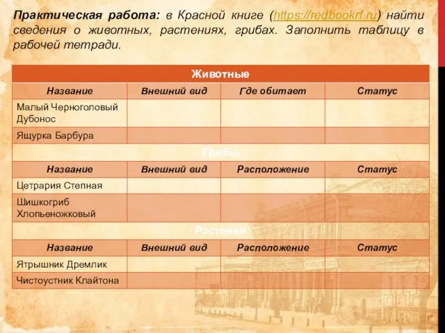 Практическая работа: в Красной книге (https://redbookrf.ru) найти сведения о животных, растениях, грибах.