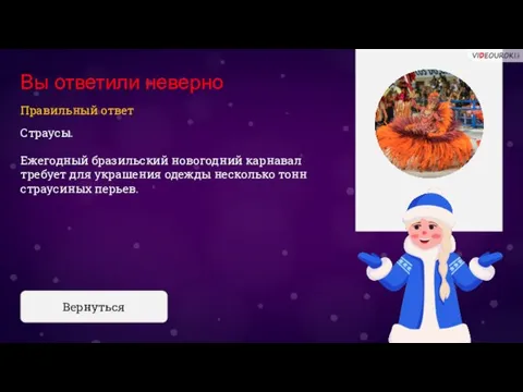 Вы ответили неверно Страусы. Ежегодный бразильский новогодний карнавал требует для украшения одежды