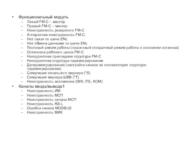Функциональный модуль Левый FM-C – мастер Правый FM-C – мастер Неисправность резервного