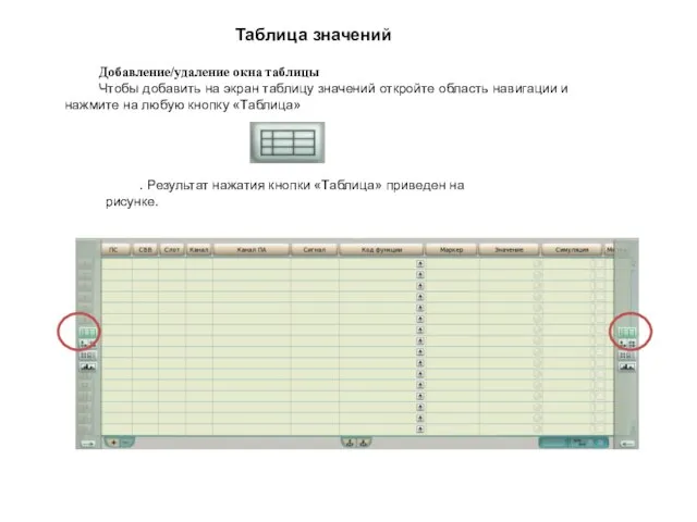 Таблица значений Добавление/удаление окна таблицы Чтобы добавить на экран таблицу значений откройте