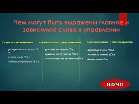 Чем могут быть выражены главное и зависимое слова в управлении Глагол +существительное