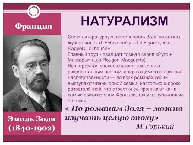 Эмиль Золя (1840-1902) Франция « По романам Золя – можно изучать целую