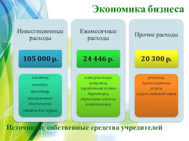 Экономика бизнеса Источники: собственные средства учредителей