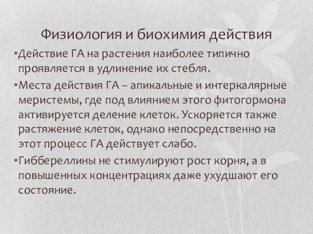 Физиология и биохимия действия Действие ГА на растения наиболее типично проявляется в