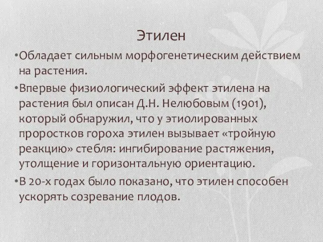 Этилен Обладает сильным морфогенетическим действием на растения. Впервые физиологический эффект этилена на