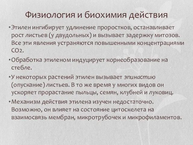 Физиология и биохимия действия Этилен ингибирует удлинение проростков, останавливает рост листьев (у