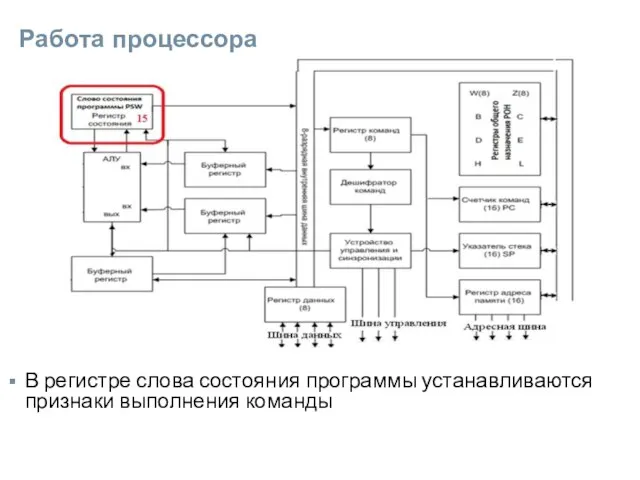 Работа процессора В регистре слова состояния программы устанавливаются признаки выполнения команды