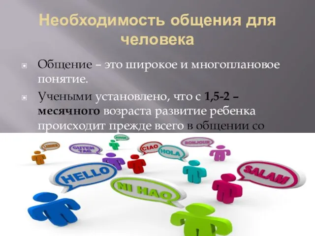 Необходимость общения для человека Общение – это широкое и многоплановое понятие. Учеными