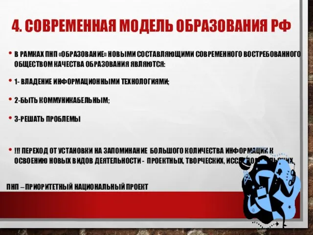 4. СОВРЕМЕННАЯ МОДЕЛЬ ОБРАЗОВАНИЯ РФ В РАМКАХ ПНП «ОБРАЗОВАНИЕ» НОВЫМИ СОСТАВЛЯЮЩИМИ СОВРЕМЕННОГО