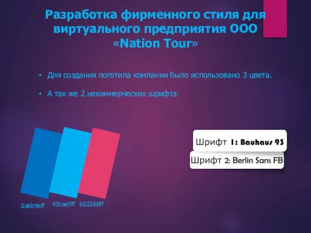 Разработка фирменного стиля для виртуального предприятия ООО «Nation Tour» Для создания логотипа