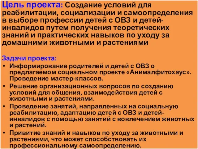 Цель проекта: Создание условий для реабилитации, социализации и самоопределения в выборе профессии