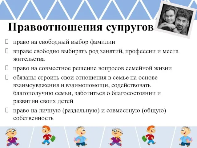 Правоотношения супругов право на свободный выбор фамилии вправе свободно выбирать род занятий,