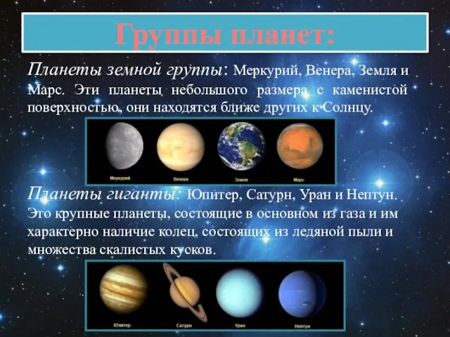 Группы планет: Планеты земной группы: Меркурий, Венера, Земля и Марс. Эти планеты