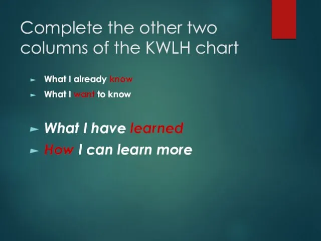 Complete the other two columns of the KWLH chart What I already
