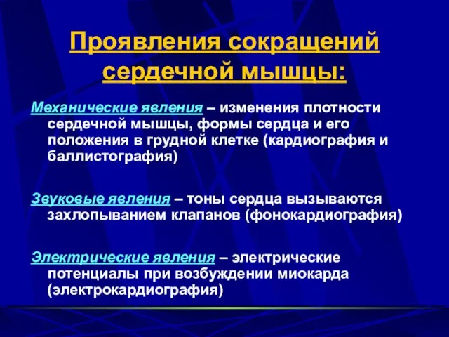 Проявления сокращений сердечной мышцы: Механические явления – изменения плотности сердечной мышцы, формы