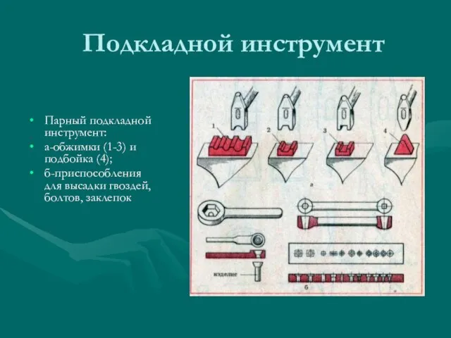 Подкладной инструмент Парный подкладной инструмент: а-обжимки (1-3) и подбойка (4); б-приспособления для высадки гвоздей, болтов, заклепок