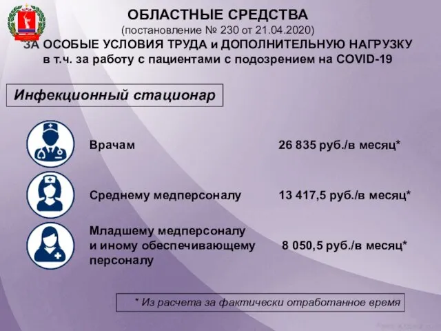 ОБЛАСТНЫЕ СРЕДСТВА (постановление № 230 от 21.04.2020) ЗА ОСОБЫЕ УСЛОВИЯ ТРУДА и